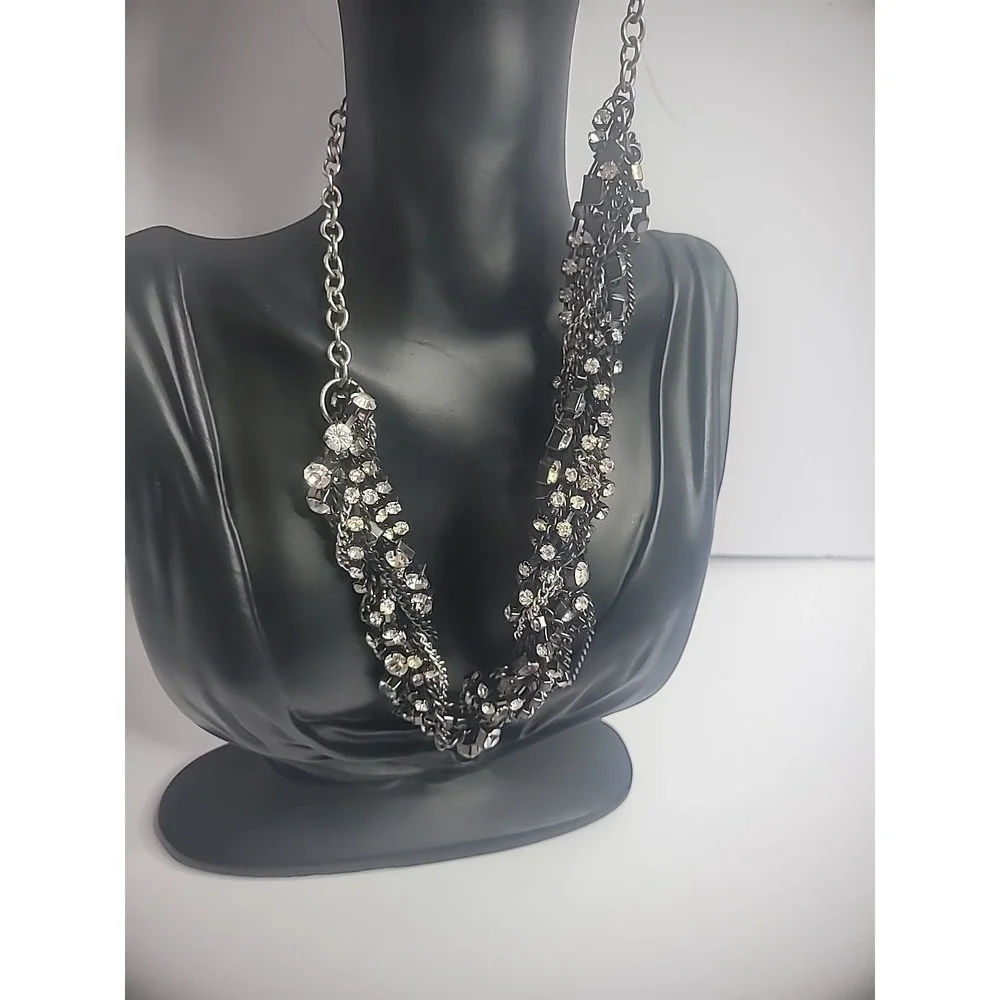 Vintage Silver Black Chain Crystals White Twisted Statement Jewelry Costume
